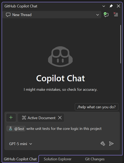 Interfaccia Chat di GitHub Copilot per la generazione di test unitari con l'agente di test