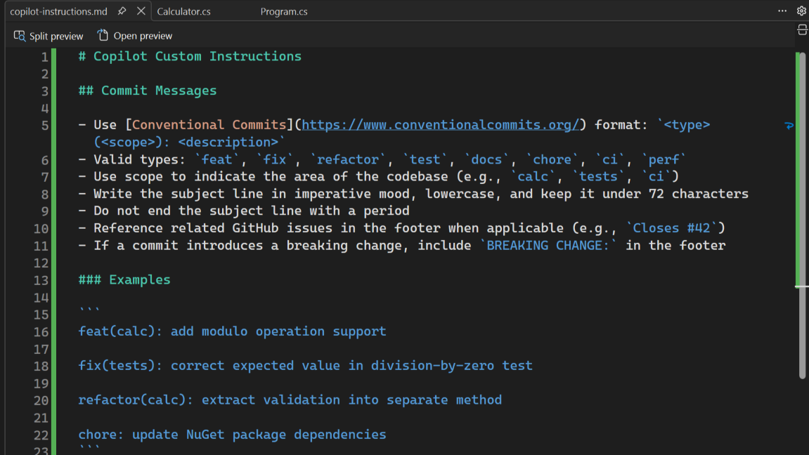 File di istruzioni di Copilot con regole per il messaggio di commit