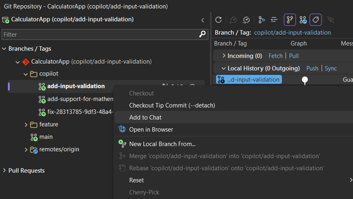 Menu di scelta rapida in un ramo nella finestra Repository Git che mostra l'opzione Aggiungi a chat
