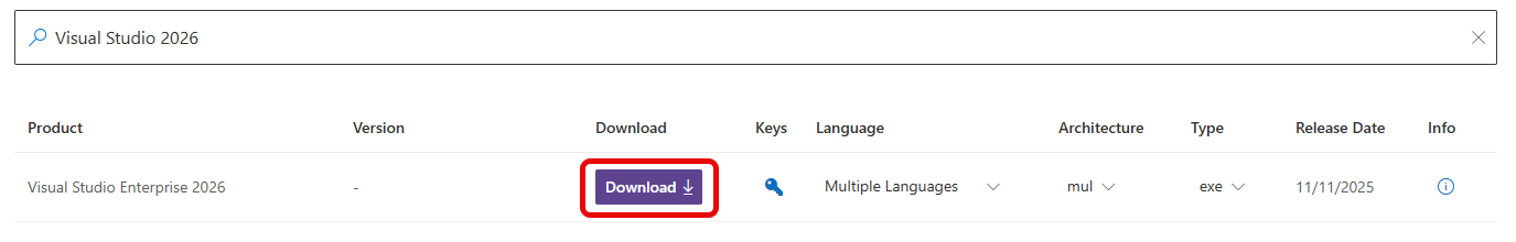 Screenshot del riquadro dei dettagli del download per Visual Studio Enterprise.