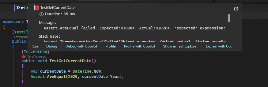 Screenshot che mostra l'icona CodeLens C++ dopo averla selezionata per i dettagli in Visual Studio.