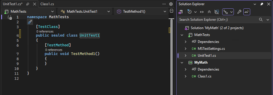 Screenshot che mostra il nuovo codice e i nuovi progetti di test.