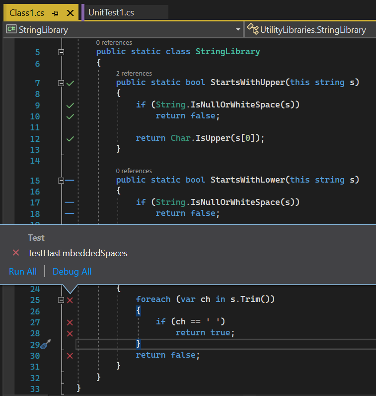 Screenshot che mostra la copertura del codice in Visual Studio.