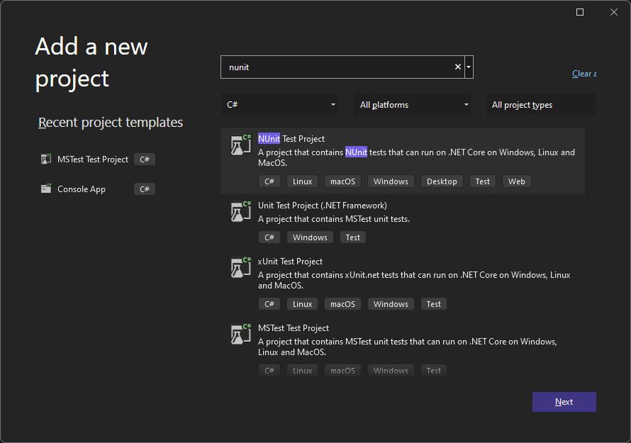 NUnit in Visual Studio 2022