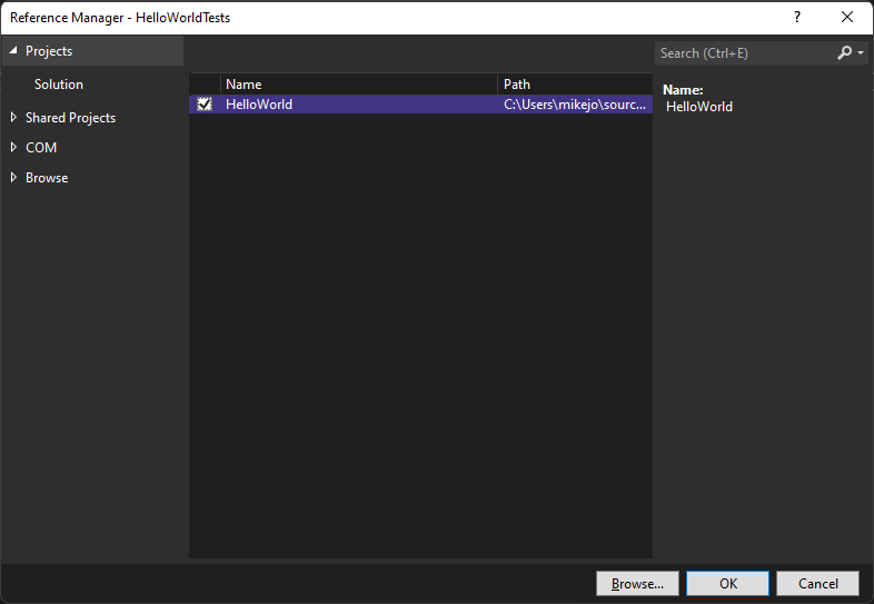 Aggiungi riferimento al progetto in Visual Studio