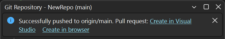 Screenshot della finestra Modifiche Git con la barra delle informazioni 'Correttamente eseguito il push di QP all'origine. Richiesta pull: creare in Visual Studio o creare nel browser' in Visual Studio.
