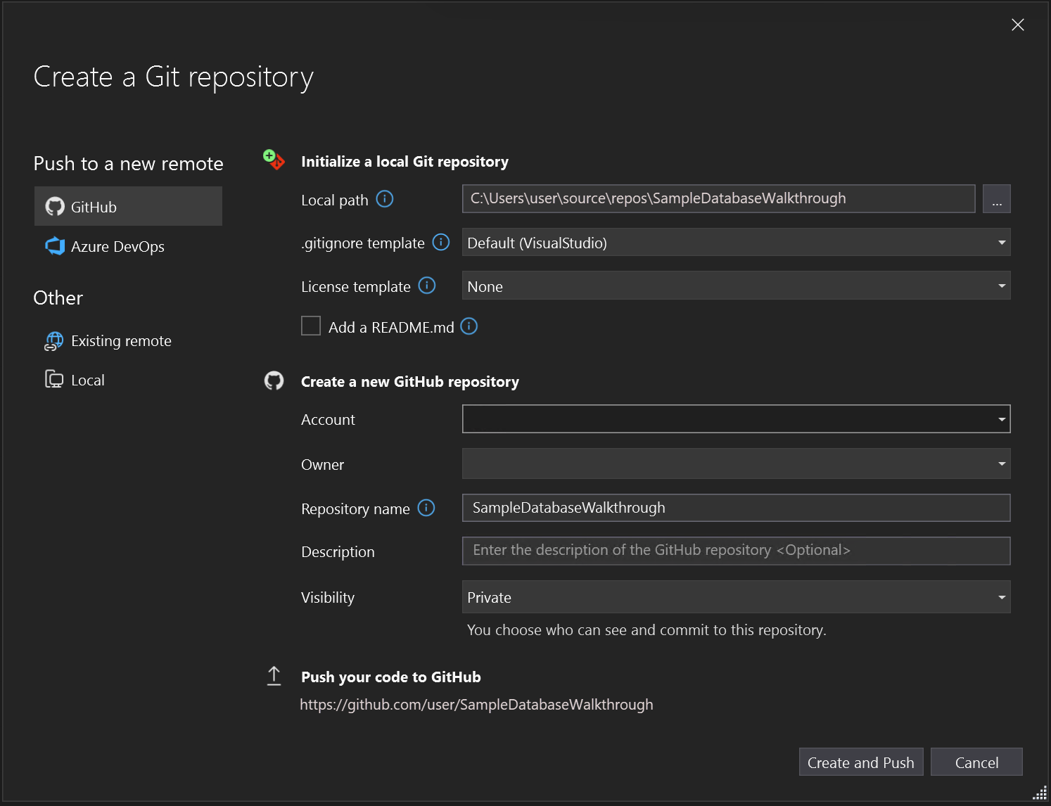 Screenshot della finestra di dialogo Crea repository Git in Visual Studio con la selezione di GitHub evidenziata.