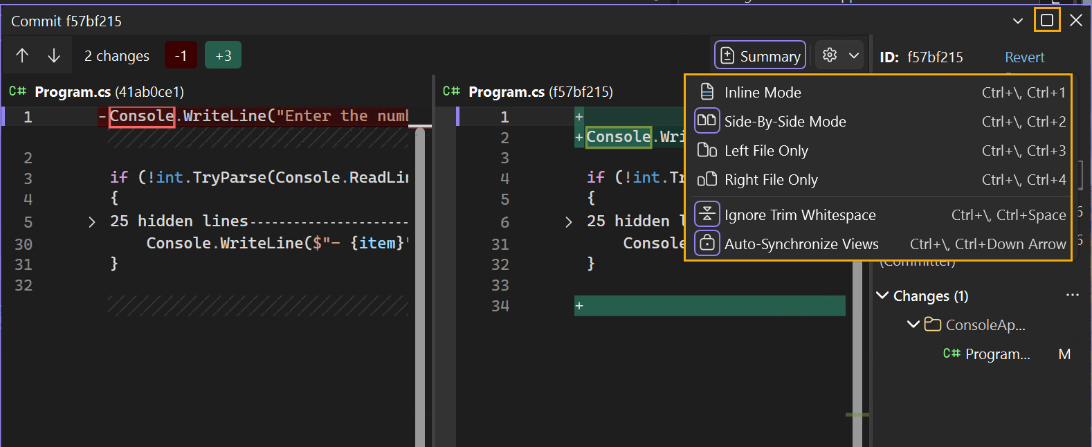 Screenshot dei dettagli del commit a schermo intero con configurazioni diff.