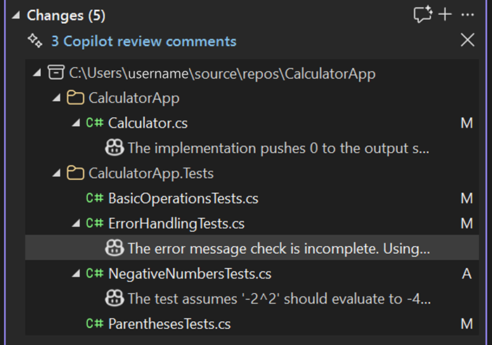 Screenshot che mostra i commenti di revisione del codice per ogni file nella finestra Modifiche Git.