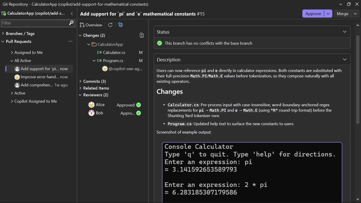 Screenshot di una panoramica della richiesta pull con controlli di stato, voti revisori e voti e azioni complete in Visual Studio.