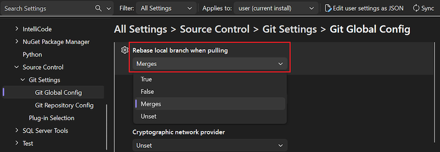 Screenshot che mostra l'opzione 'Ribasare il branch locale durante il pull' con 'Unioni' selezionata nell'elenco a discesa.