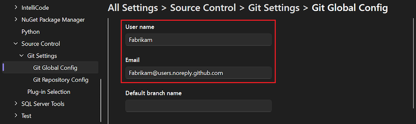 Screenshot delle impostazioni di Configurazione globale Git nel riquadro Opzioni con il nome utente e il messaggio di posta elettronica evidenziati.