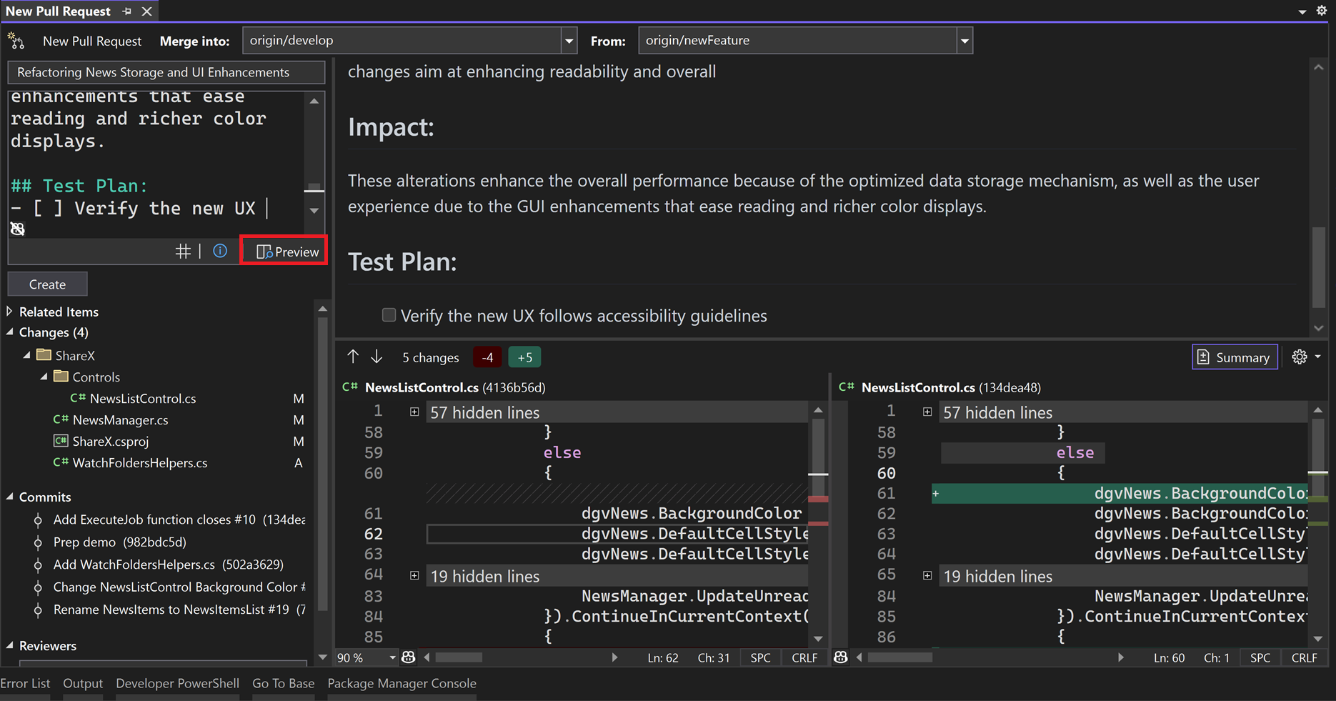 finestra Nuova richiesta pull con il testo del pulsante di anteprima evidenziato in Visual Studio 2022.