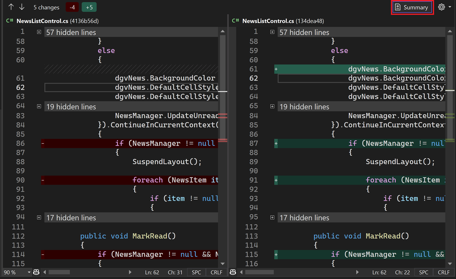 Nuova finestra di pull request con il testo del pulsante di riepilogo evidenziato in Visual Studio 2022.