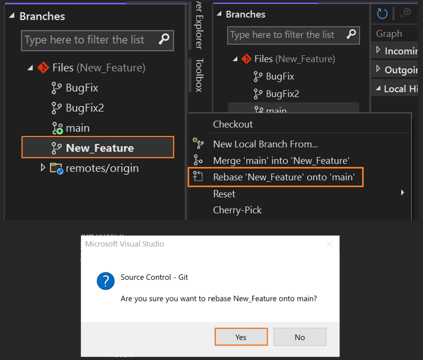 Screenshot della ribasatura dei rami in Visual Studio.