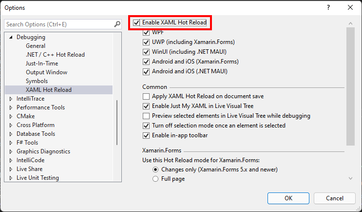 Screenshot delle opzioni di ricaricamento rapido XAML nella finestra di dialogo delle Opzioni degli strumenti.