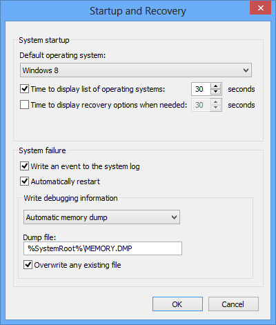 Screenshot della finestra di dialogo Avvio e ripristino nel Pannello di controllo di Windows.