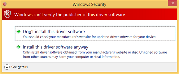 Screenshot di un avviso di Sicurezza di Windows che informa che Windows non è in grado di verificare l'editore del software del driver.