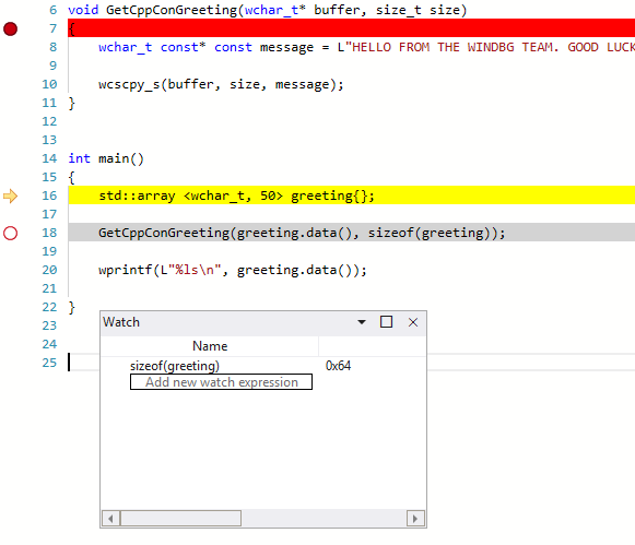 Screenshot di WinDbg che mostra il codice DisplayGreeting con una finestra Osservare Variabili Locali che mostra 0x64.