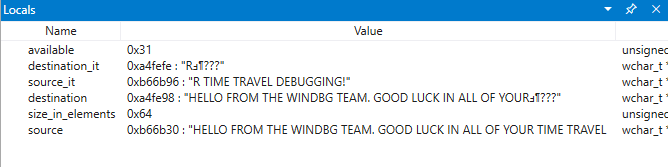 Screenshot di WinDbg che mostra la finestra Locals.