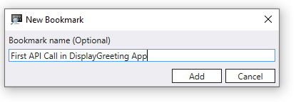 Screenshot della finestra d'esempio per il nuovo segnalibro con il nome di esempio per il primo API Call nell'app Visualizza messaggio di saluto.