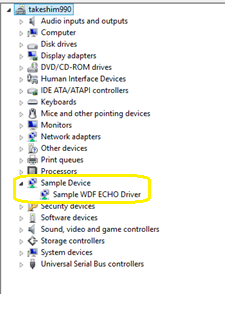 Schermata dell'albero di Gestione dispositivi che evidenzia il driver di esempio WDF echo.