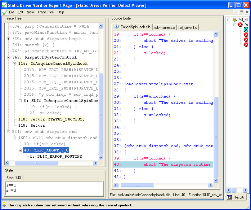 Screenshot di una pagina del report del verificatore di driver statico che mostra la routine ABORT associata a una riga dal file CancelSpinLock.slic.