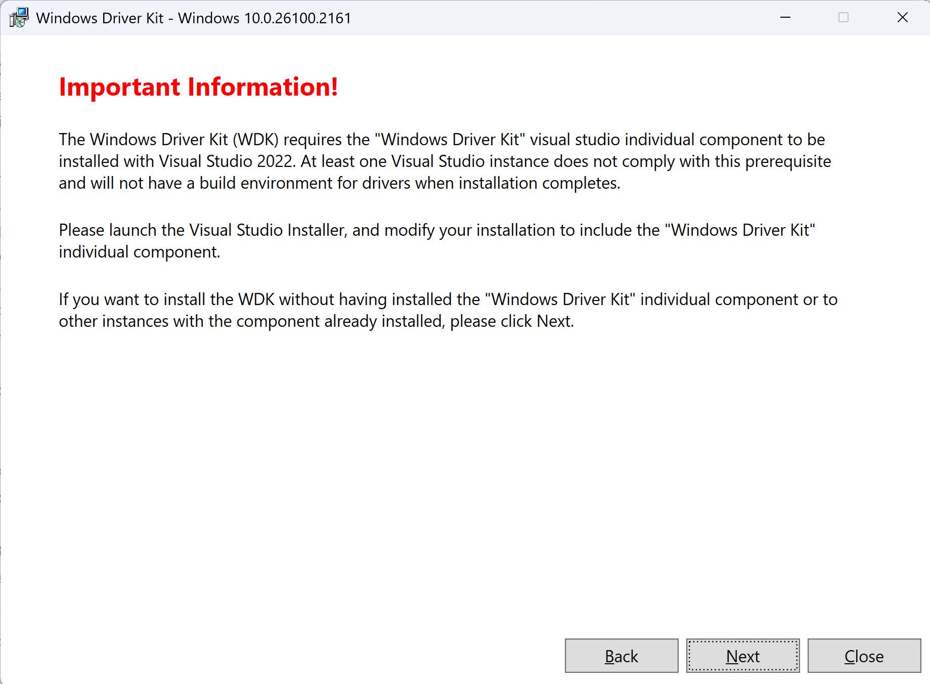 Screenshot della notifica di installazione di WDK VSIX.