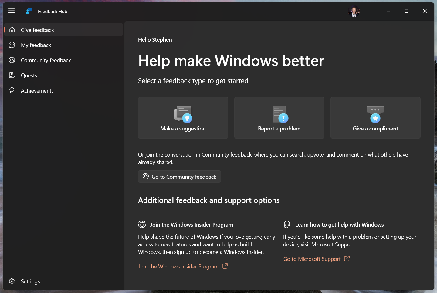 Home page dell'hub di feedback