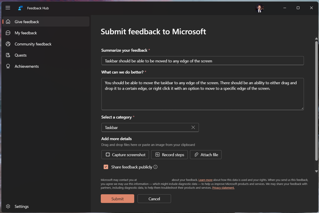 Campo Dettagli suggerimenti nell'hub di feedback
