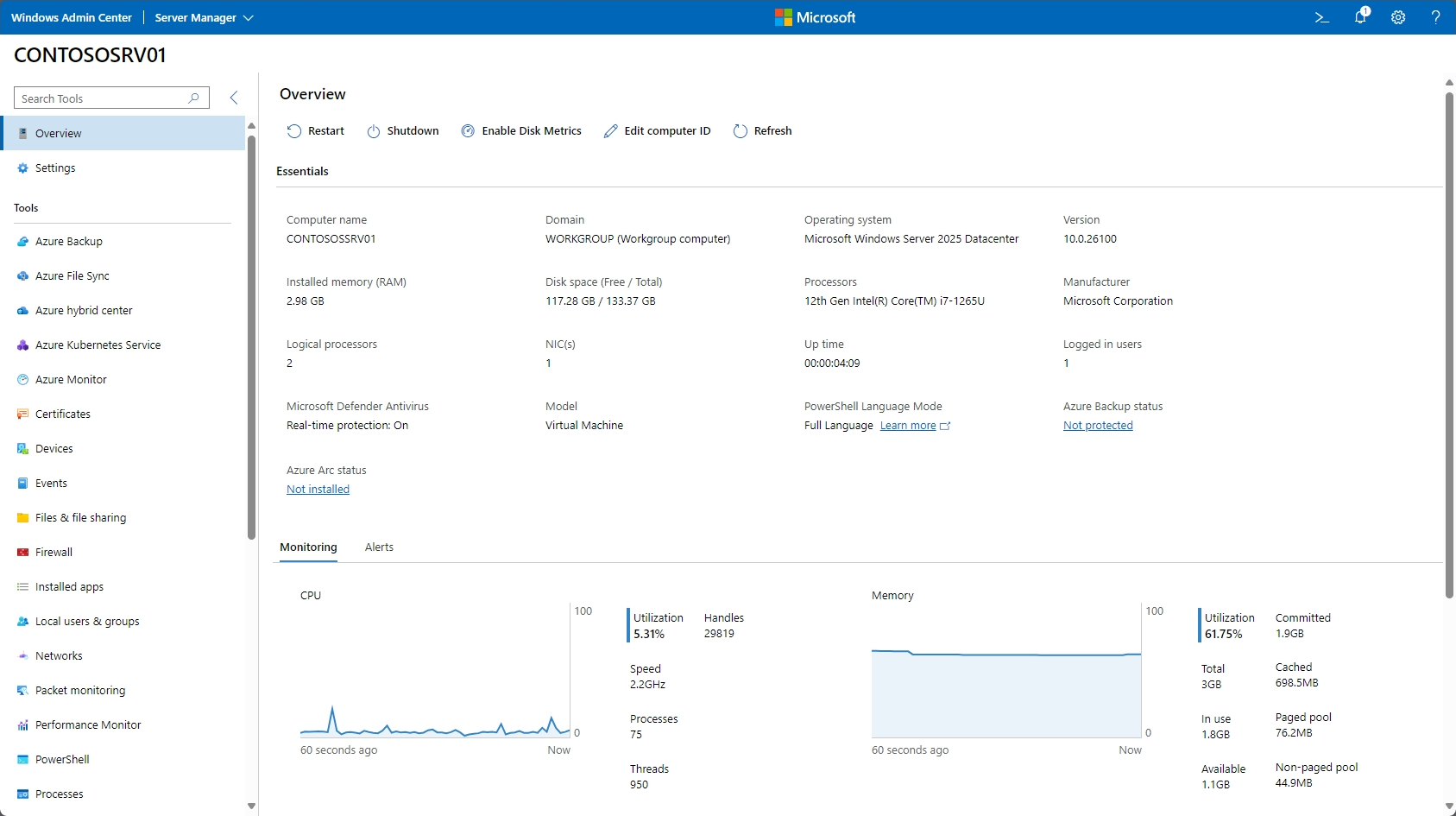 Screenshot che mostra il dashboard di gestione di Windows Admin Center.