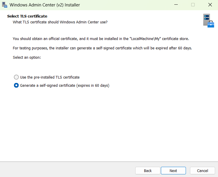 Screenshot del programma di installazione di Windows Admin Center v2 con l'opzione per selezionare un certificato TLS preinstallato o per generare un certificato autofirmato.