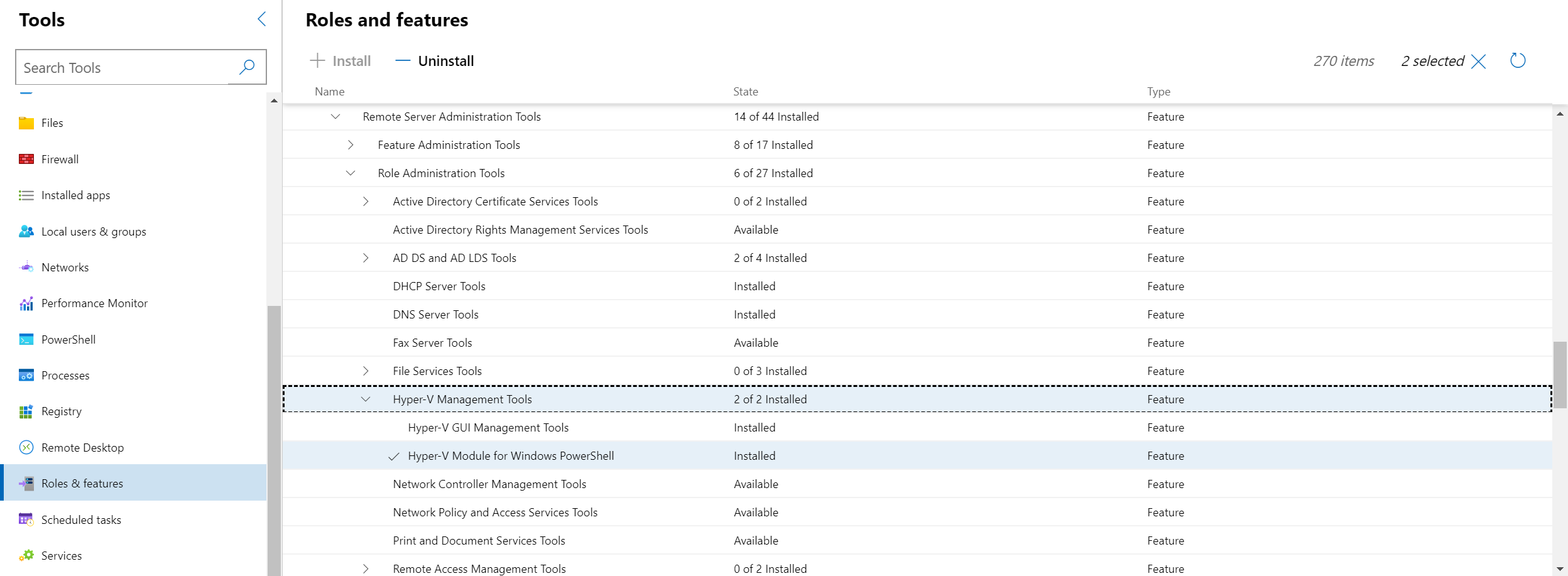 Schermata che mostra i ruoli e le funzionalità con i ruoli Hyper-V selezionati.