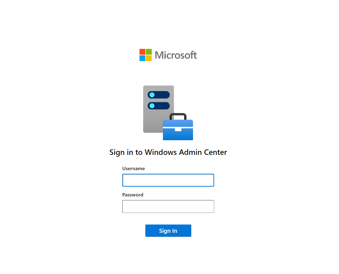 Screenshot che mostra la pagina di accesso Windows Admin Center nella finestra del browser.