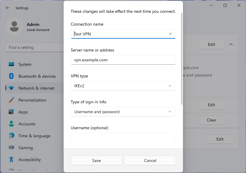 Screenshot della finestra di dialogo Modifica profilo VPN nell'app Impostazioni di Windows 11.