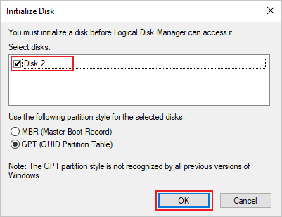 Screenshot che mostra la finestra di dialogo Inizializza disco con lo stile di partizione GPT selezionato.