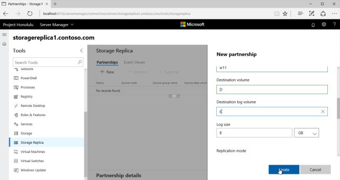 Screenshot che mostra la schermata della Nuova partnership e i dettagli della partnership, ad esempio una dimensione del log di 8 GB.
