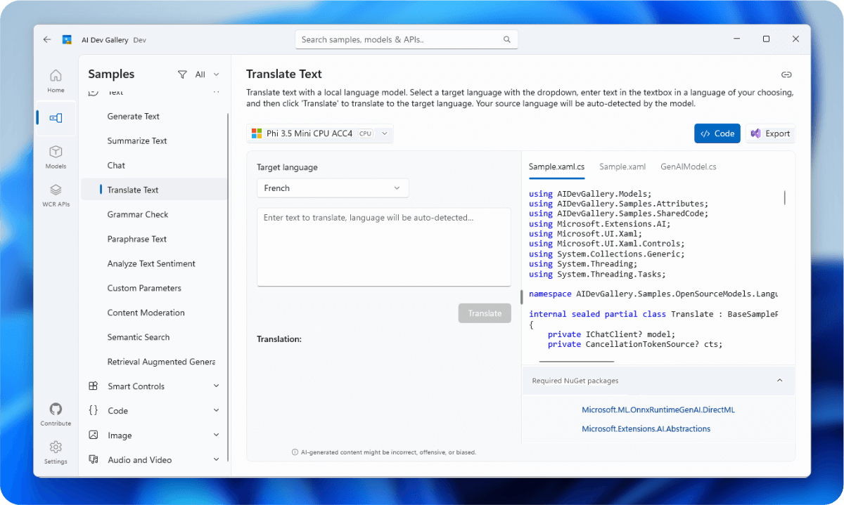 Screenshot dell'app AI Dev Gallery che mostra il codice sorgente per un esempio di traduzione testuale