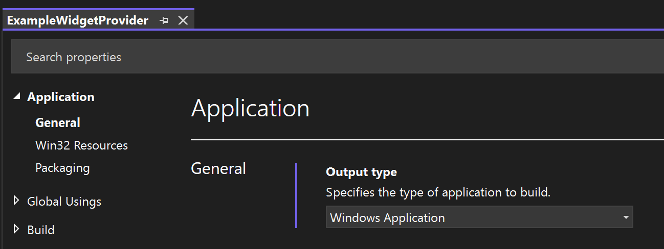 A screenshot che mostra le proprietà del progetto del provider di widget C# con il tipo di output impostato su Windows Application
