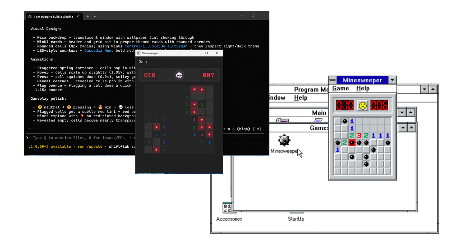 Una moderna app WinUI 3 Minesweeper insieme al classico Windows Minesweeper, che mostra l'evoluzione dello sviluppo di app Windows.