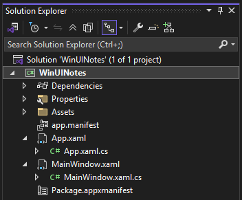 Esplora soluzioni che mostra i file per un progetto WinUI in Visual Studio.