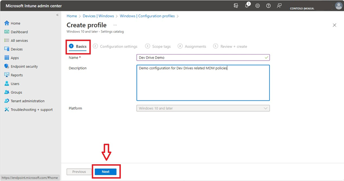 Screenshot di Microsoft Intune per la creazione di un profilo di configurazione