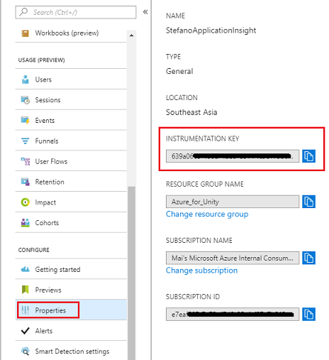 Screenshot che mostra le funzioni del servizio, Le proprietà sono evidenziate nella sezione Configura e La chiave di strumentazione è evidenziata nel riquadro principale.