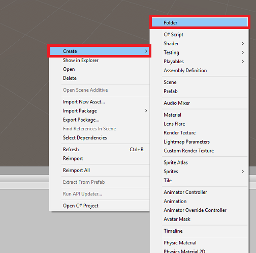 Screenshot del menu della cartella degli asset. Il menu crea è aperto e la cartella è selezionata.
