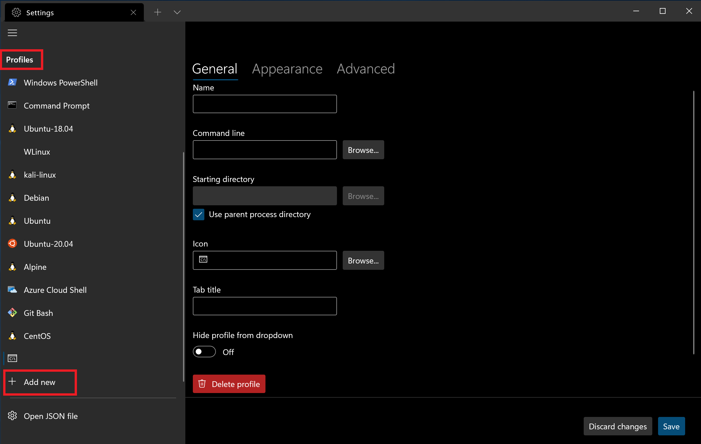 Screenshot dell'elenco dei profili nelle impostazioni del Terminale Windows