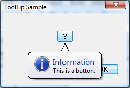 schermata che mostra un tooltip con un'icona, un titolo e un testo, posizionati sotto un pulsante in una finestra di dialogo