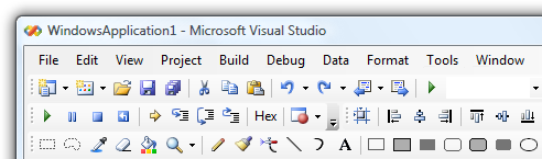 screenshot della barra dei menu e tre righe di barre degli strumenti 