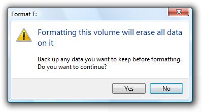 screenshot dell'avviso formattazione dei dati con cancellazione dei dati 