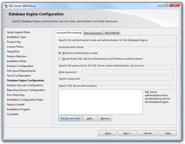 schermata dell'installazione guidata di SQL Server 