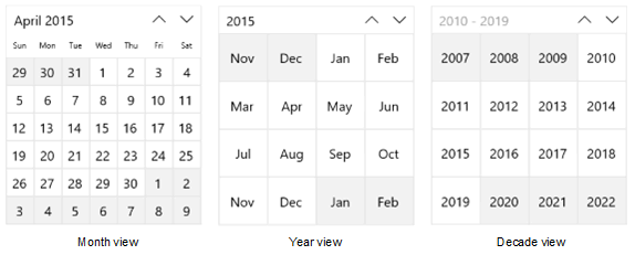Visualizzazioni Mese calendario, Anno e Decennio